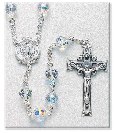 8mm Swarovski Fireball Crystal Sterling Silver Rosary - Boxed
