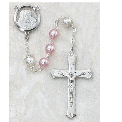 7mm Sterling Silver 7mm Pink Pearl Rosary