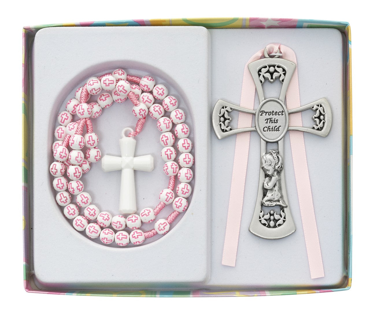 Pink Rosary w/Pewter Girl Cross Crib Medal