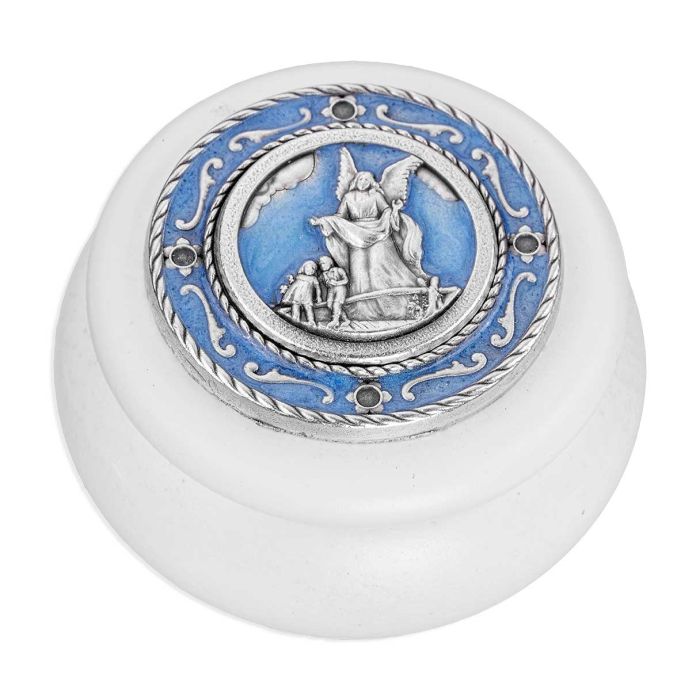 Guardian Angel White Wood & Blue Silver Metal Keepsake Box