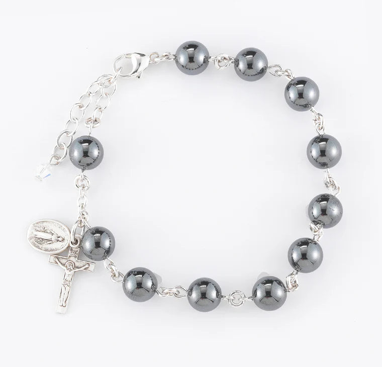6mm Hematite Sterling Silver Rosary Bracelet - Boxed