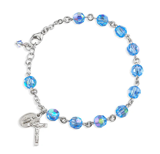 7mm Swarovski Light Sapphire (AB) Sterling Silver Rosary Bracelet - Boxed