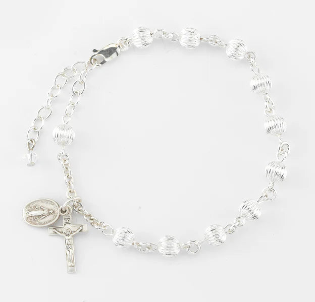 6mm Corrugated Embossed Sterling Silver Rosary Bracelet - Boxed