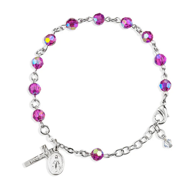 6mm Swarovski Fuchsia (AB) Sterling Silver Rosary Bracelet - Boxed