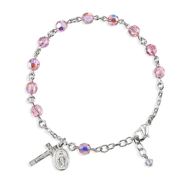 6mm Swarovski Light Rose(AB)Sterling Silver Rosary Bracelet - Boxed