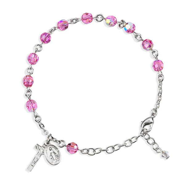6mm Swarovski Pink (AB) Sterling Silver Rosary Bracelet - Boxed