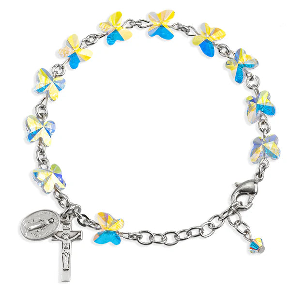 8mm Swarovski Butterfly Rosary Bracelet w/Crucifix & Miraculous - Boxed