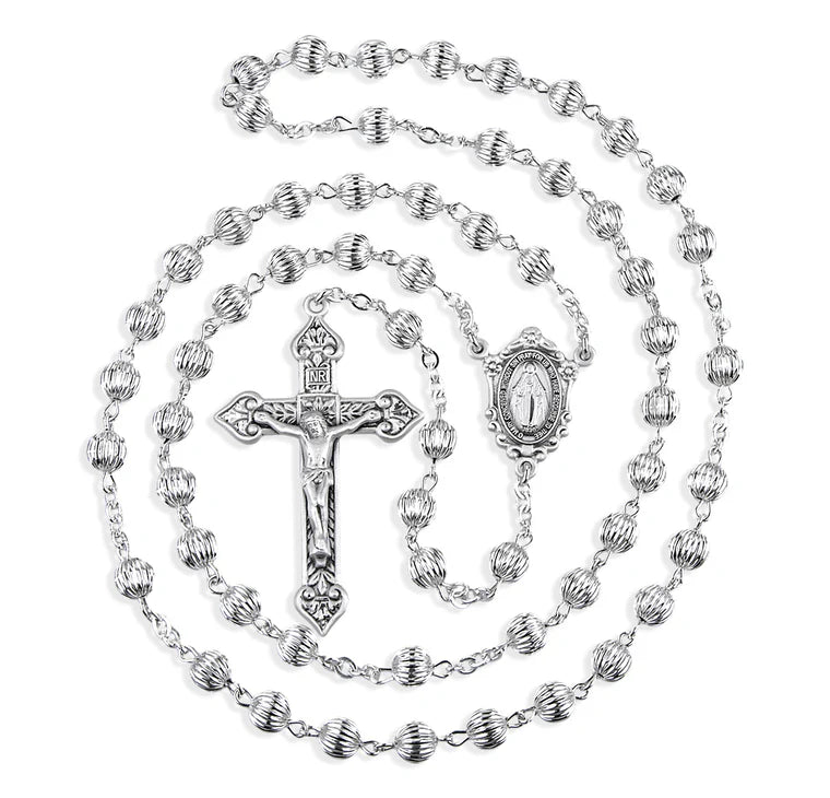 6mm Sterling Silver Straight Corrugated Rosary - Boxed