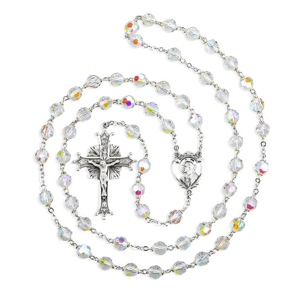7mm Crystal Rosary with Sterling Silver Crucifix & Center - Boxed