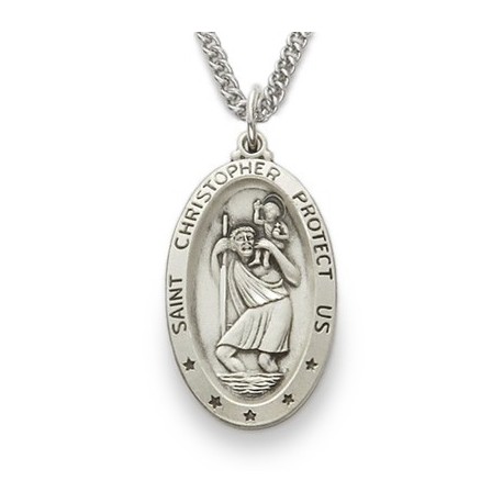 St. Christopher Sterling Silver Large Oval Medal w/24" Chain