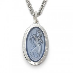 St. Christopher Sterling Silver Large Blue Oval Medal w/24" Chain