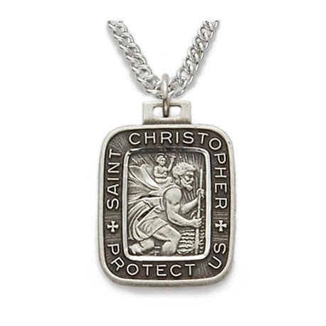 St. Christopher Sterling Silver Rounded Square-Edged Medal w/20" Chain