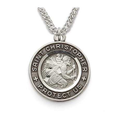 St. Christopher Sterling Silver Black-Edged Round Medal w/20" Chain