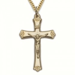 Crucifix 14KT Gold Plated Over Sterling Silver Decorative Budded Ends Necklace w/24" Chain - Boxed