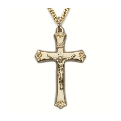 Crucifix 14KT Gold Plated Over Sterling Silver Decorative Budded Ends Necklace w/24" Chain - Boxed