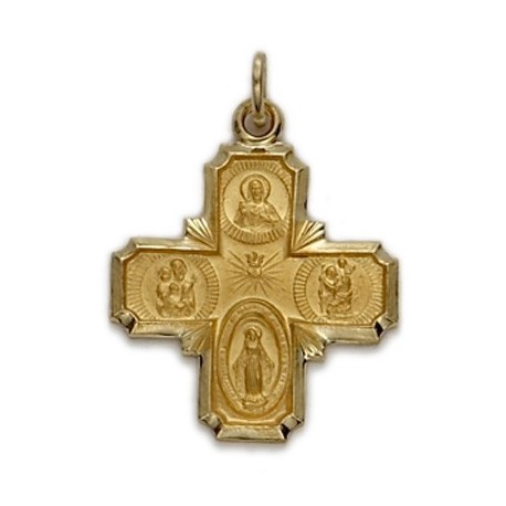 4-Way Cross 14K Gold w/Jesus, Mary, St. Joseph, St. Christopher - Medium