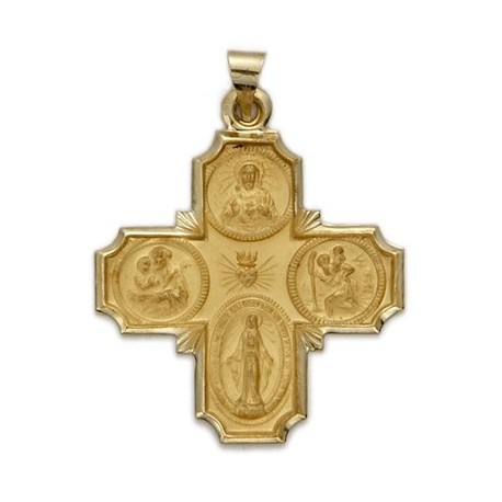 4-Way Cross 14K Gold w/Jesus, Mary, St. Joseph, St. Christopher - Large