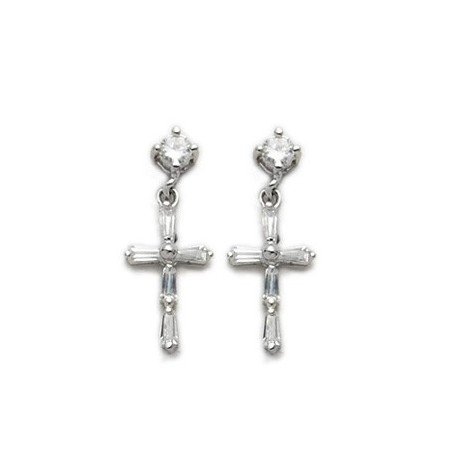 Cross Shaped Sterling Silver CZ Amethyst Earrings