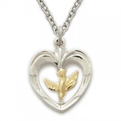 Heart Shaped with Gold Holy Spirit Dove Sterling Silver Necklace w/18" Chain - Boxed