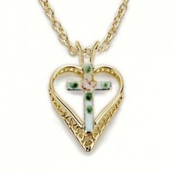 Cross on Heart Shaped 24K Gold Over Sterling Silver Necklace w/ 18" Chain - Boxed