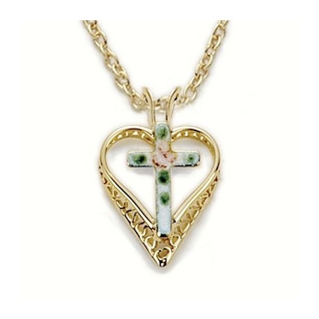 Cross on Heart Shaped 24K Gold Over Sterling Silver Necklace w/ 18" Chain - Boxed