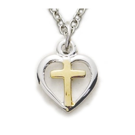 Gold Cross on Heart Sterling Silver Necklace w/18" Chain - Boxed