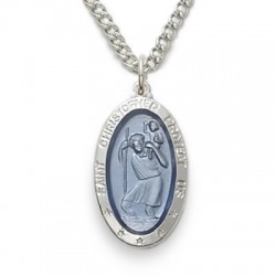 St. Christopher Sterling Silver Blue Oval Medal w/18" Chain
