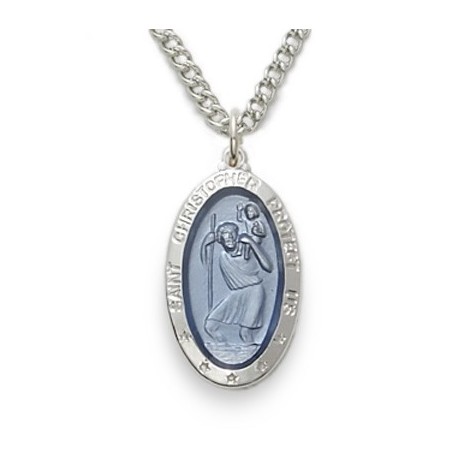 St. Christopher Sterling Silver Blue Oval Medal w/18" Chain