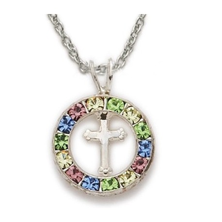 CZ Jewel Fashion Cross Sterling Silver Colored Crystal Inspirational Necklace w/18" Chain - Boxed