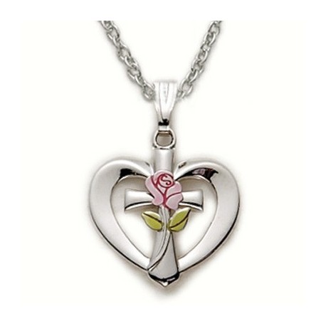 Heart Shaped with Cross & Rose Sterling Silver Necklace w/18" Chain - Boxed