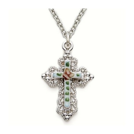 Cross on Jeweled Back Sterling Silver Necklace w/18" Chain - Boxed