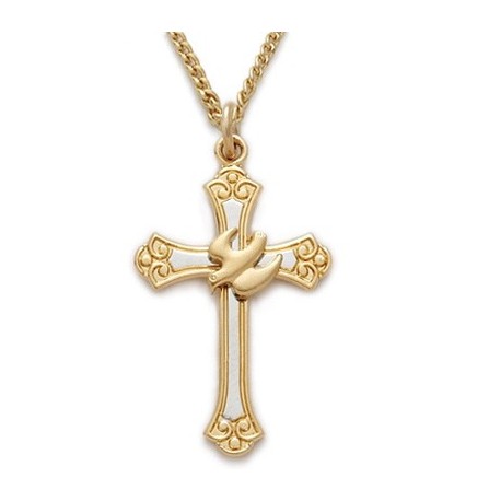 Gold Cross with Gold Holy Spirit Dove 24K Gold Over Sterling Silver  Necklace w/18