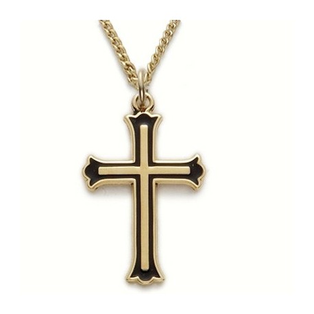 Gold & Black Cross 24K Gold Over Sterling Silver Necklace w/18" Chain - Boxed