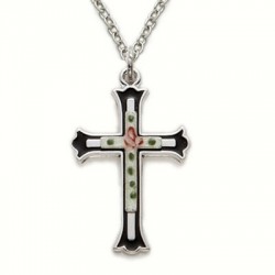 Rose Cross on Silver & Black Sterling Silver Necklace
