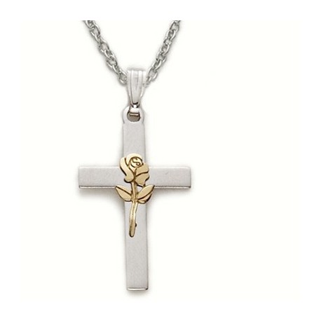 Rose Centered Cross Sterling Silver Necklace