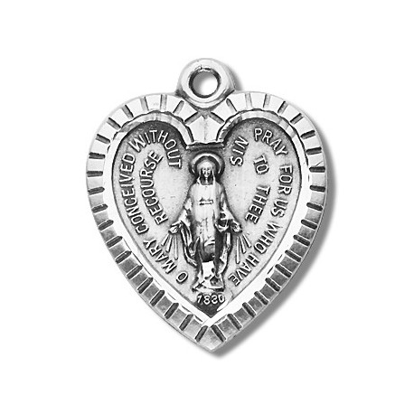 Sterling Silver Heart Shaped Miraculous Medal w/18" Chain - Boxed
