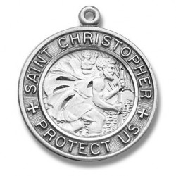 St. Christopher Sterling Silver Medium Round Medal w/24" Chain - Boxed
