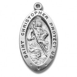 St. Christopher Sterling Silver Large Oval Medal w/24" Chain - Boxed