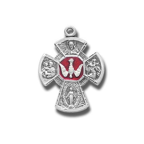 Sterling Silver Small Red 4 Way with Holy Spirit w/18" Chain - Boxed