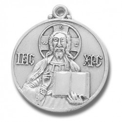 Sterling Silver Large Round Icon Christ the Teacher w/24" Chain - Boxed