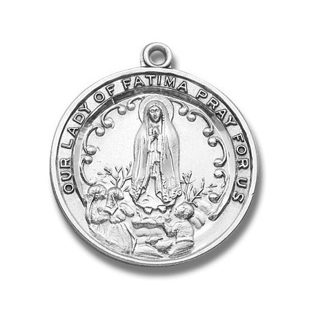 Sterling Silver Large Round Our Lady of Fatima Pray for Us w/24" Chain - Boxed