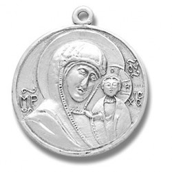 Sterling Silver Large Round Icon Madonna and Child w/24" Chain - Boxed