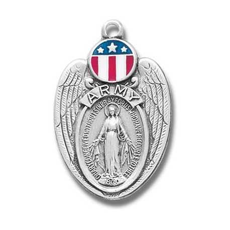 Army Sterling Silver Round Shield Miraculous with Red, Wht, and Blue w/24" Chain - Boxed