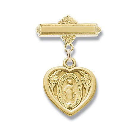 Gold Over Sterling Silver Bar Pin w/Small Miraculous Heart - Boxed