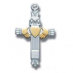 Sterling Silver Two Toned Claddaugh Cross w/18" Chain - Boxed