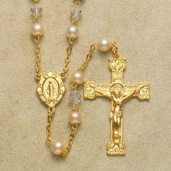 5mm Imitation Pearl Rosary with 14K Gold Over Sterling Crucifix & Center