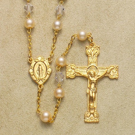 5mm Imitation Pearl Rosary with 14K Gold Over Sterling Crucifix & Center