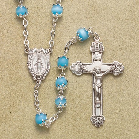 6mm Light Blue Imitation Pearl Capped Rosary with Sterling Silver Crucifix & Center - Boxed