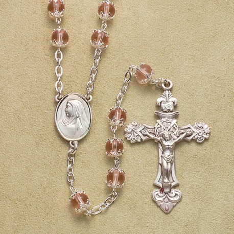 6mm Pink Capped Rosary with Sterling Silver Crucifix & Center - Boxed