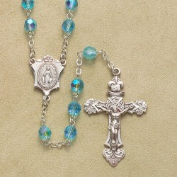 6mm Tin Cut Aqua Rosary with Sterling Silver Crucifix & Center - Boxed